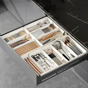 Expandable Storage Box, Kitchen Drawer Organizer, Detachable Plastic Tray, Adjustable Dividers, Deep Cabinet Drawer, Space Saving