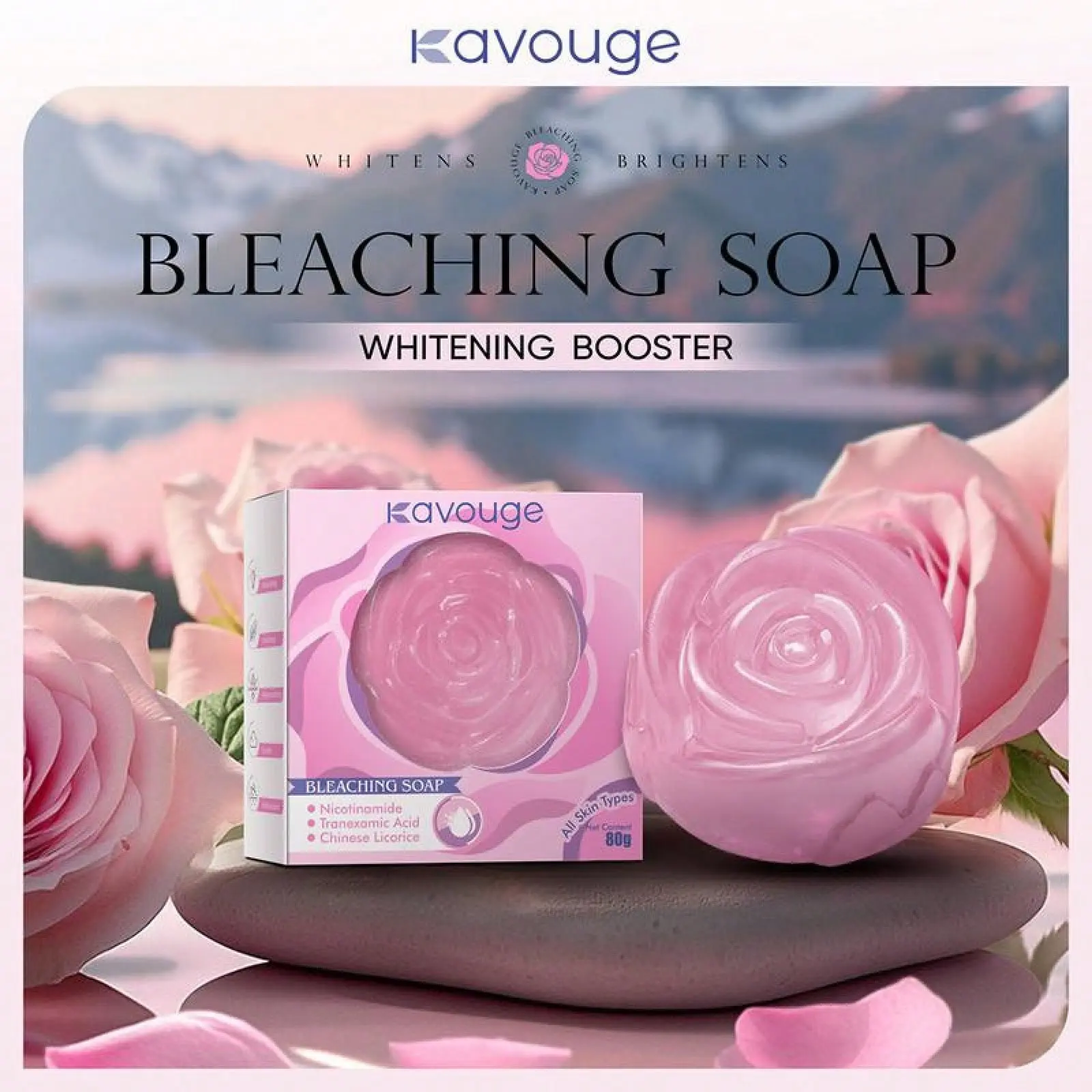 Kavouge Rose Soap Niacinamide Whitening Moisturizing Long Lasting Fragrance Facial Body Cleansing Bar