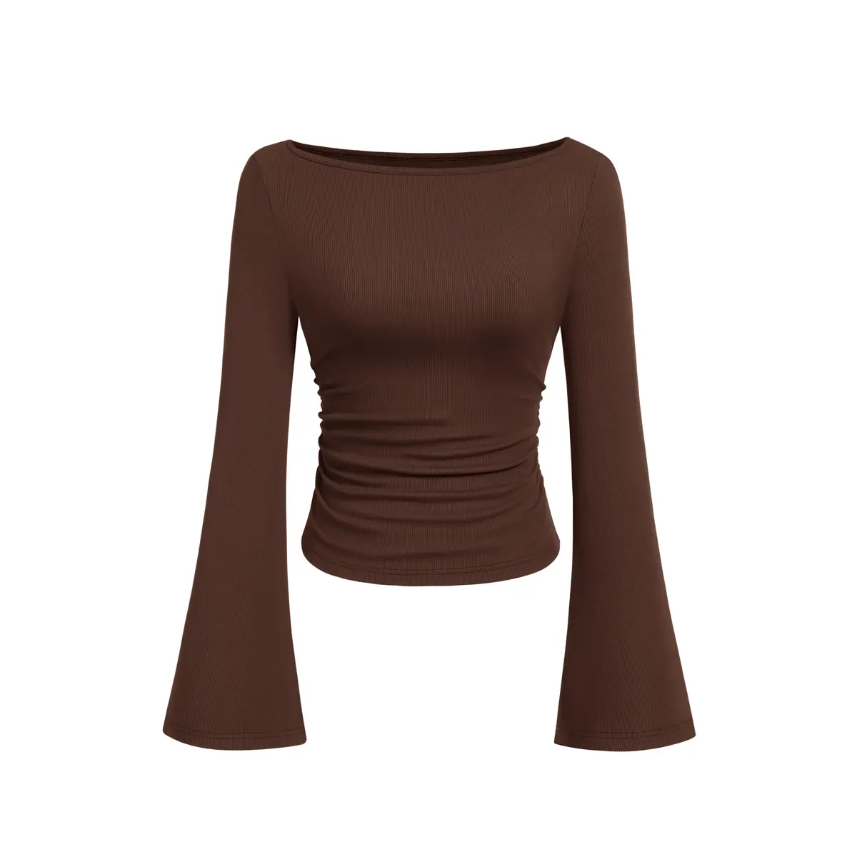 PrettyGarden Women's Long Sleeve Shirts Fall Crop Going Out Tops Casual Boat Neck Bell Sleeve Ribbed Ruched Y2K Clothes