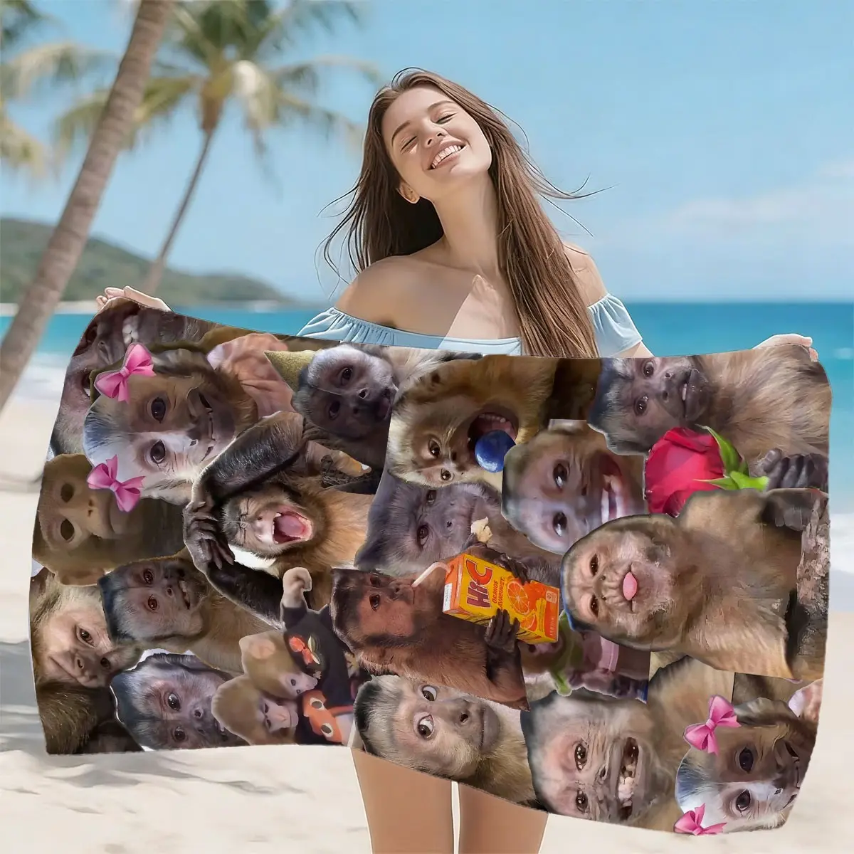 Fun Monkey Emoji Microfiber Beach Towel, Quick-Dry Anti-Wrinkle Reusable Bath Towel, Camping Towel Gift