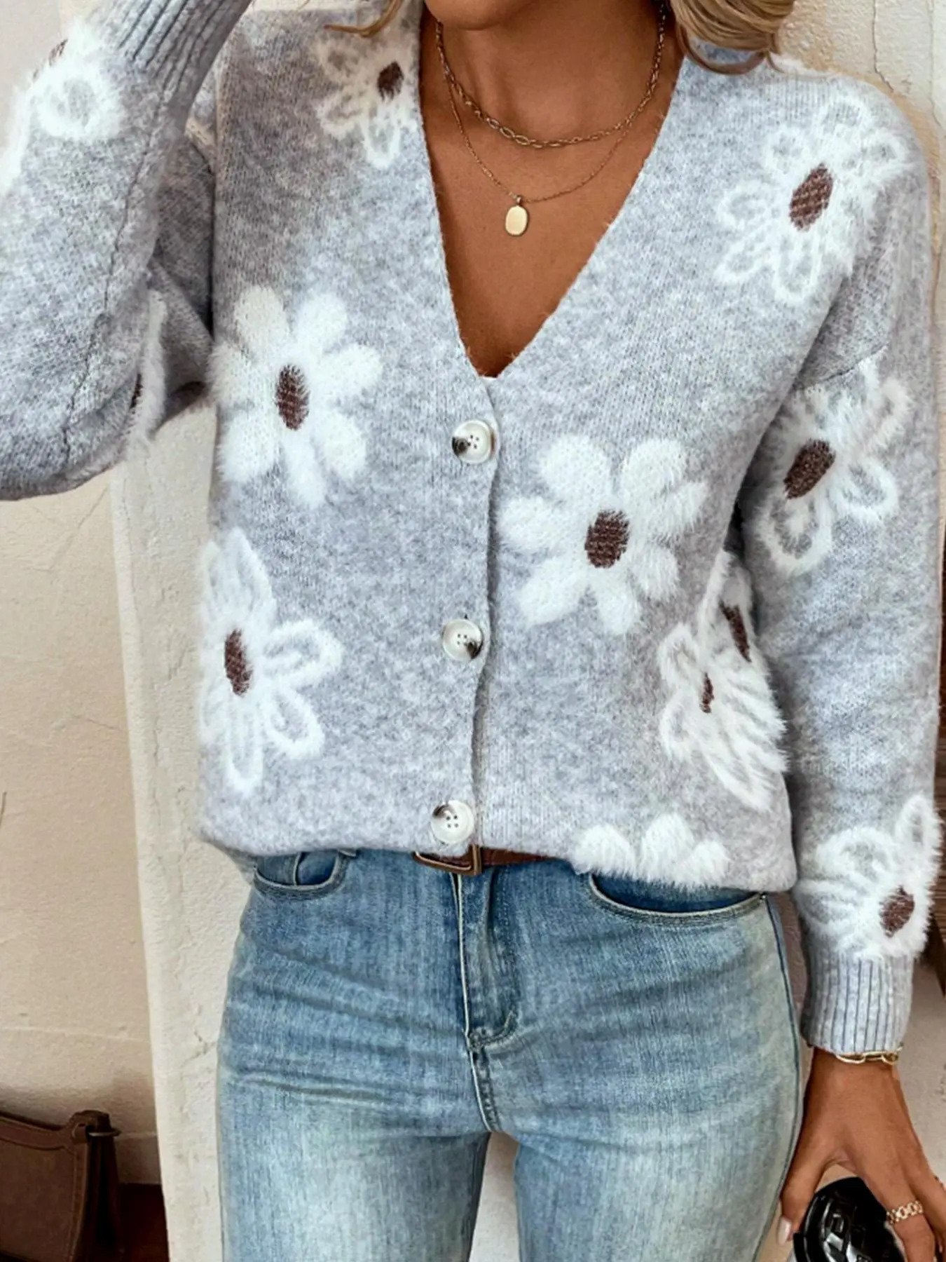 Floral Print Button Front Cardigan, Casual Drop Shoulder V Neck Knit Sweater, Fall Winter Women's Everyday Daily Wear, Loose-Fitting Comfortable Style Knitwear, Knitting