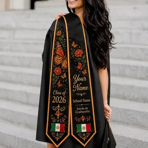 Orange Butterfly Flower Mexican Graduation Stole, Custom Graduation Stole, Class of 2026, Estola de Graduación, Printed Grad Stole