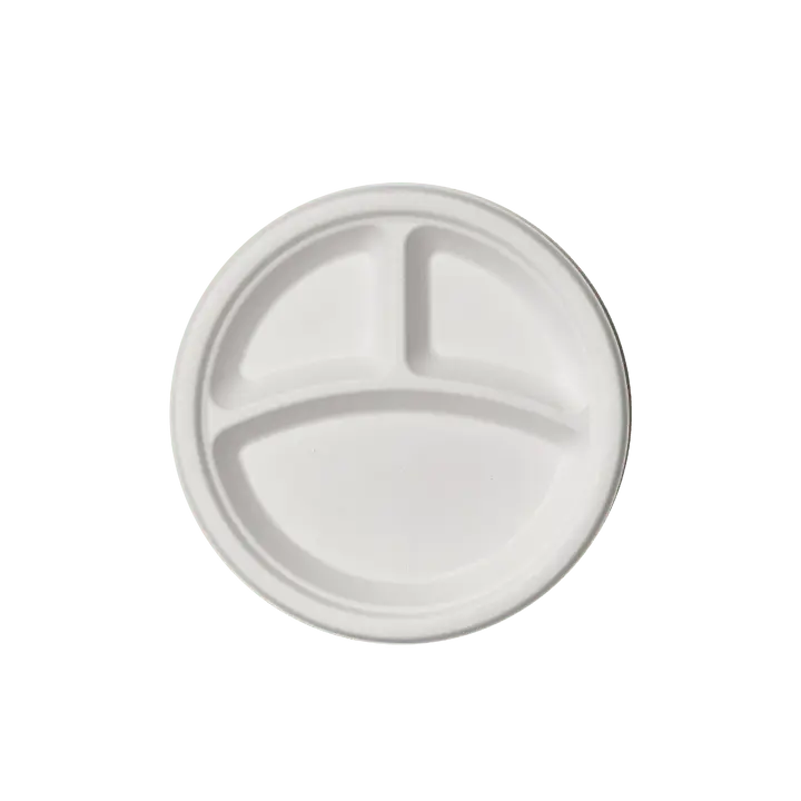 9in/10in Bulk Case 3 Compartment Plates | Sugarcane Trays for Burgers, Rice | Compostable | Restaurant Supply