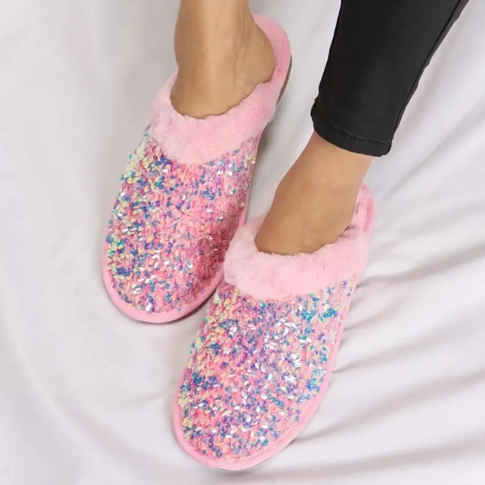 Pink Sequin Plush Slippers