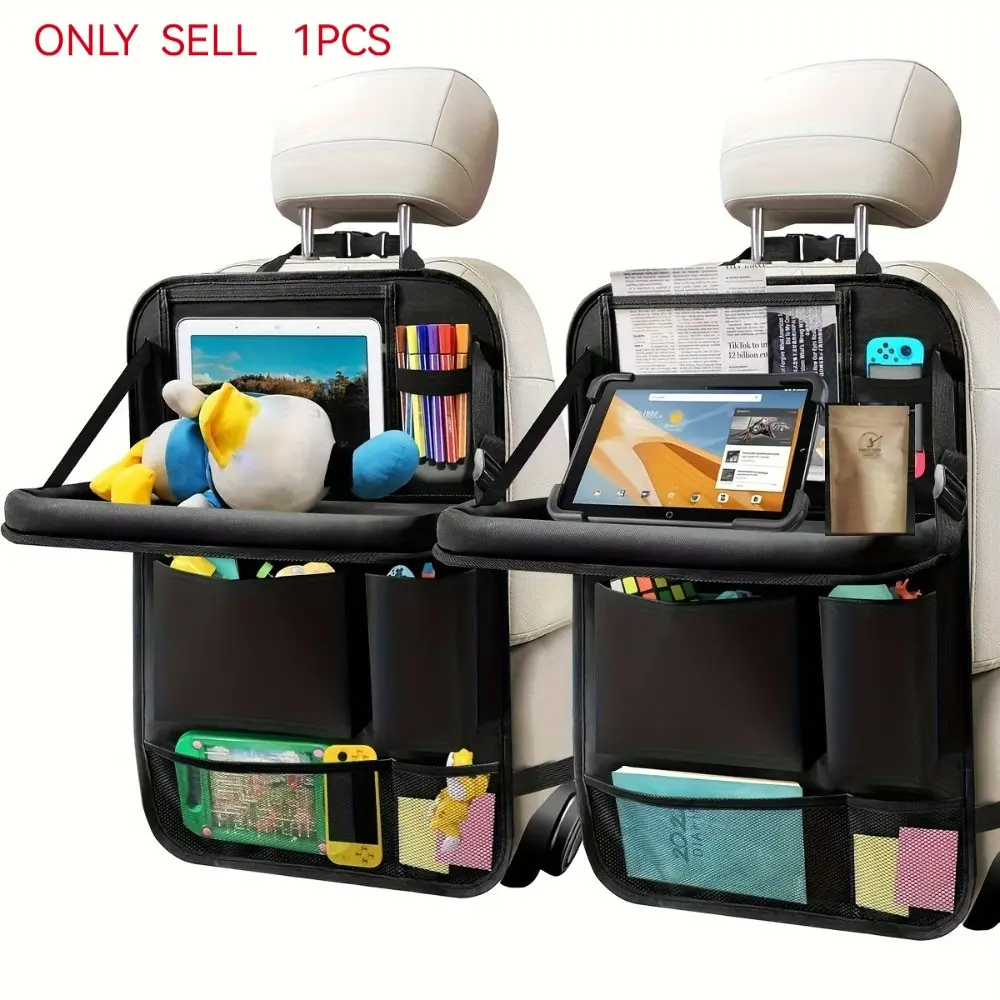 Car Backseat Organizer with Foldable Table, 6 Storage Pockets, Tablet Holder, Kick Mat, Durable Polyester Travel Accessories, Car Accessory