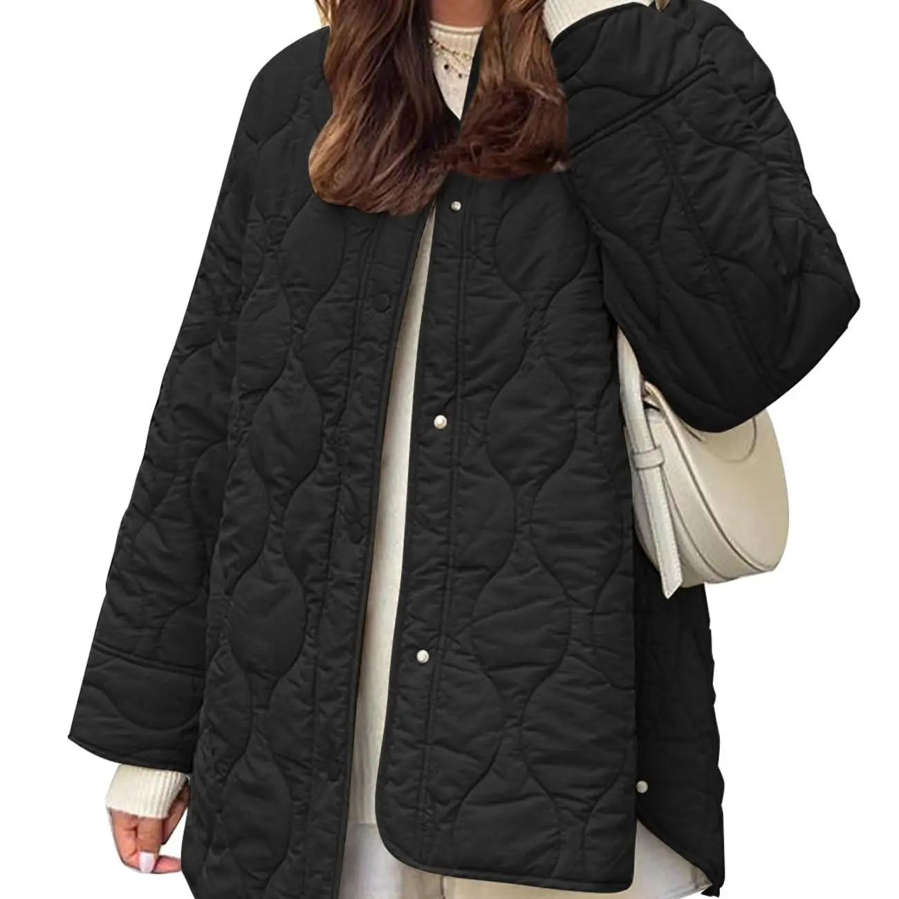 Women's Relaxed Fit Oversized Quilted Padded Fabric Outerwear - Minimalist Comfortable Button-Down Long-Sleeve Round-Neck Jacket with Pockets for Fall Winter