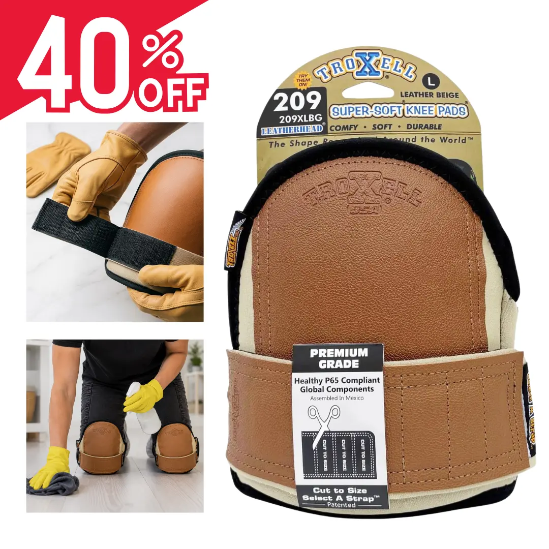 TROXELL USA SuperSoft Leatherhead Kneepads (Large Size / Bagged in Pairs) - Comfortable, Adjustable, Washable Kneepads - Heavy Duty Construction Flooring Knee Pads for Tile, Roofing, Gardening Work | Adjustable Cut-to-Size Strap | All-Day Comfort