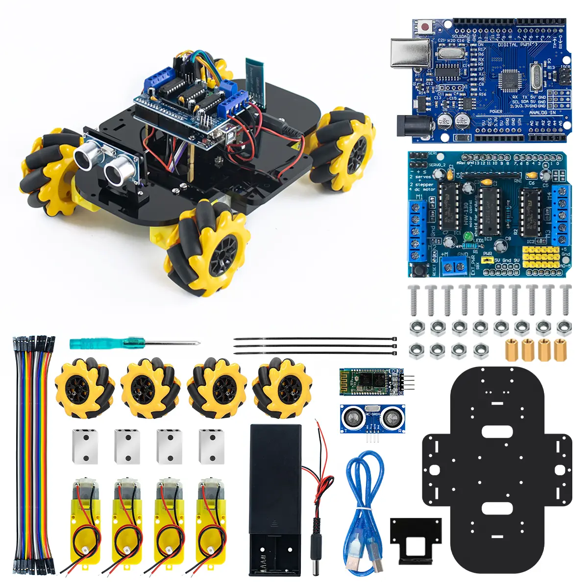 Smart Mecanum Robot Car Kit with Obstacle Avoidance & Bluetooth Control for student，DIY Assembly Omnidirectional Robotics Kit for School Science Competition，Omnidirectional STEM Robotics DIY Kit with Sensors