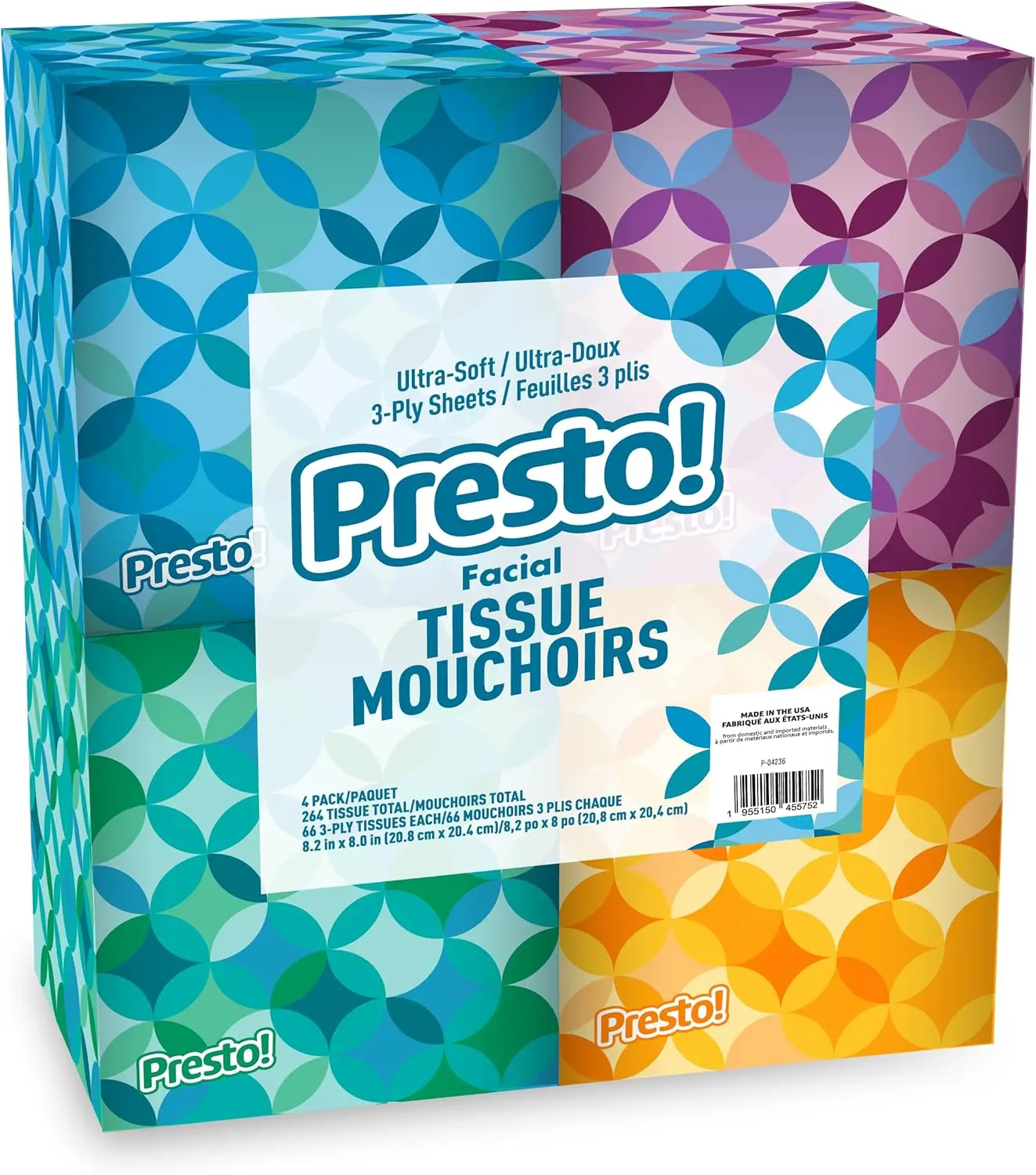 Presto! Eco-Friendly, Ultra-Soft 3-Ply Premium Facial Tissues, 4 Boxes, 66 Sheets per Box, 264 Total Sheets, Packaging May Vary