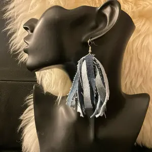 3-shades Denim Fringe Earrings