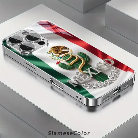 Protective Decorative Mexican Flag 2D Pattern Diamond Badge Glass Smartphone Case, TPU Casing & Accessories, Compatible with iPhone 17,16,15,14,13,12,11 Plus Pro Max, Decorative Smartphone Protector