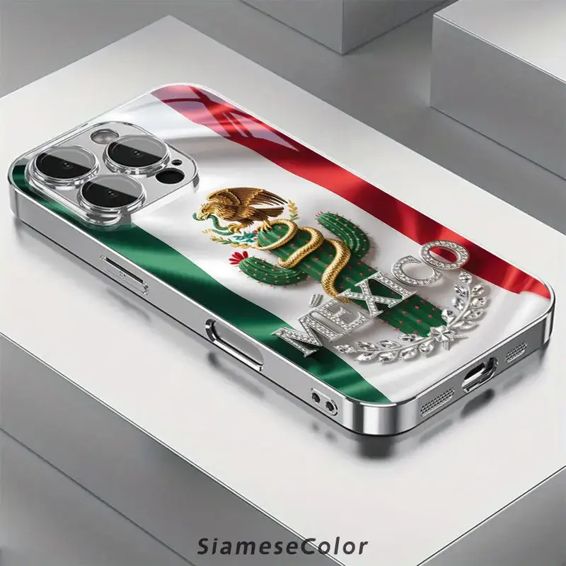 Protective Decorative Mexican Flag 2D Pattern Diamond Badge Glass Smartphone Case, TPU Casing & Accessories, Compatible with iPhone 17,16,15,14,13,12,11 Plus Pro Max, Decorative Smartphone Protector