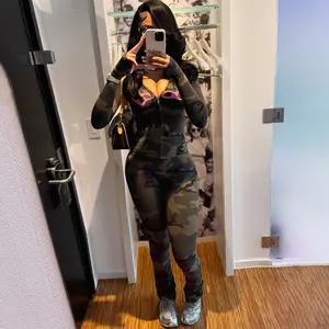 Women's Two-Piece Set, Fall Winter Hooded Graphic Print Zipper Jacket and Pants Set, Casual Tight-Fit Daily Wear, Fashionable Ladies Clothing