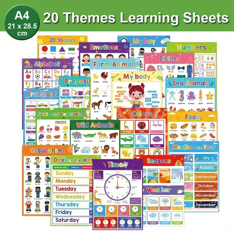 20 Educational Posters for Kids with Protective Film, ABC Letters, Numbers, Colors, Animals, Weather, Learning Materials, Classroom Supplies, Perfect for Preschool Classroom Decor