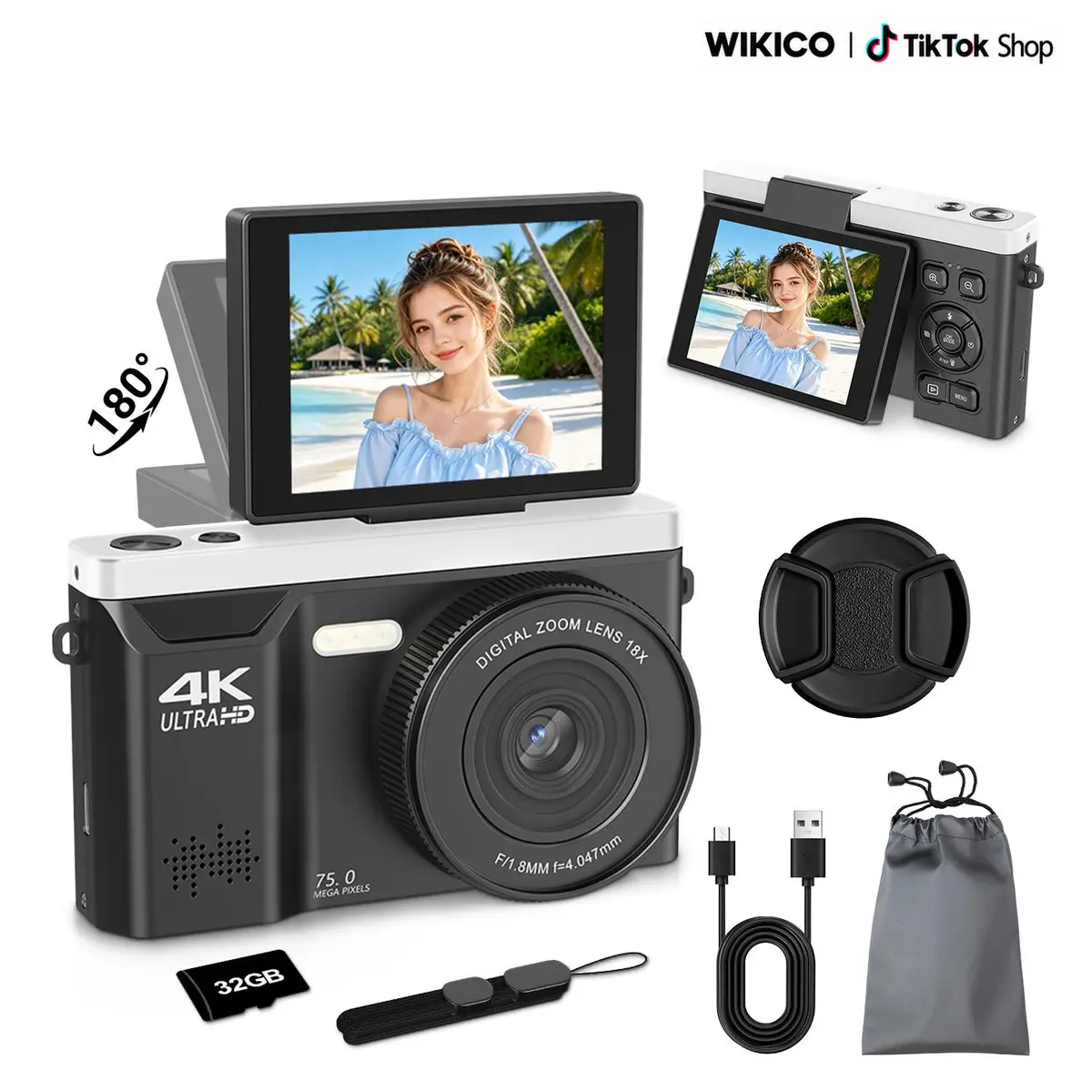 WIKICO 4K HD Digital Camera for Vlogging, 75MP Point & Shoot with 18X Digital Zoom, 2.8-Inch 180° Flip LCD Display, LED Light, 32GB Micro SD Card, USB Cable, Portable Beginner Travel Camera, Video Cameras For Filming
