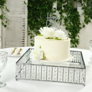 14" Square Silver Cake Stand with Hanging Crystal Beads and Glass Top – Metal Dessert Display Tray