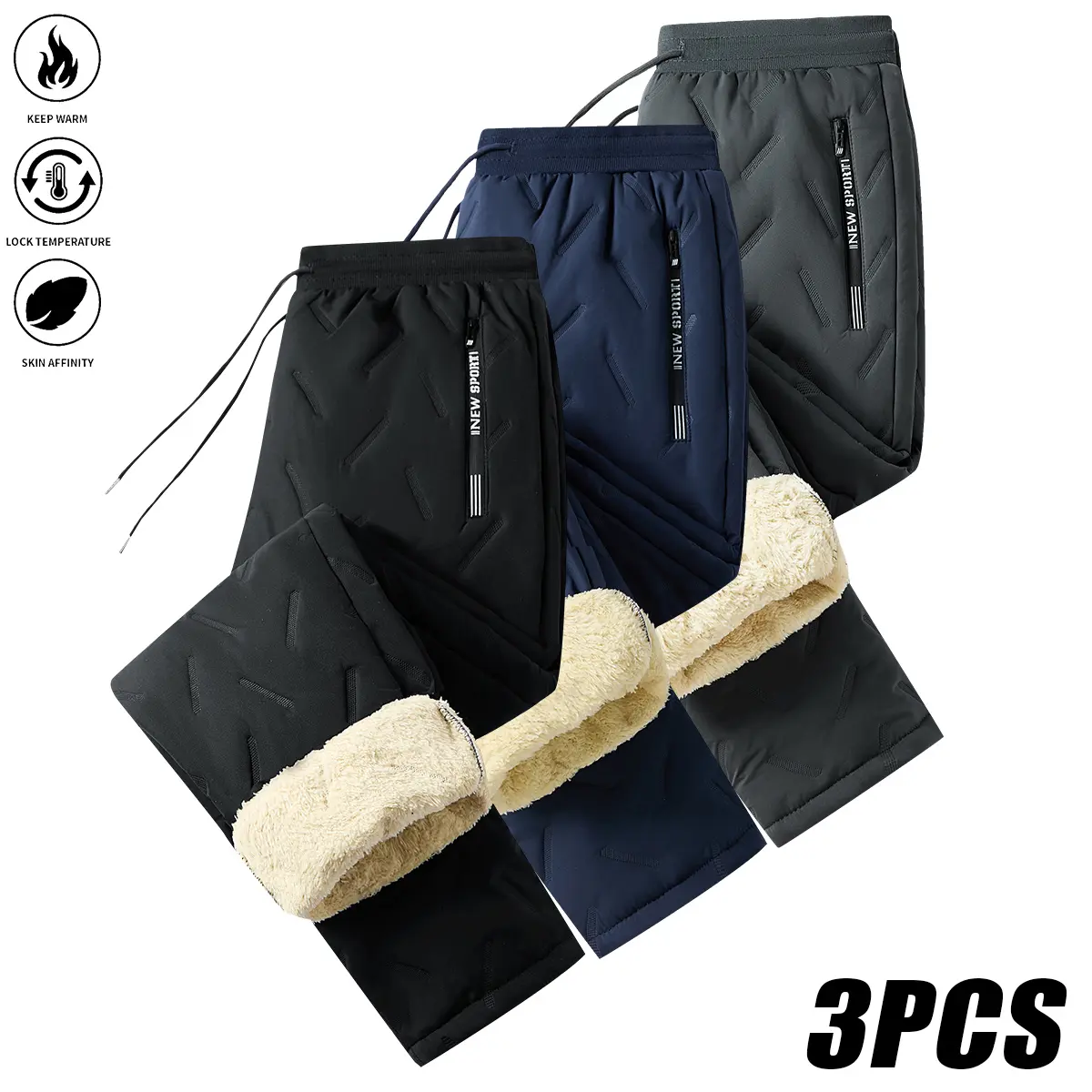 Men's Heavyweight Insulated Cotton Thermal Pants - Cozy, Solid-Colored, Non-Transparent, Weather-Resistant Drawstring Waist Full-Length Sportswear Trousers with Black Cold-Resistant Side Pockets for Office Work & Outdoor Activities, Insulated Men's Pants,