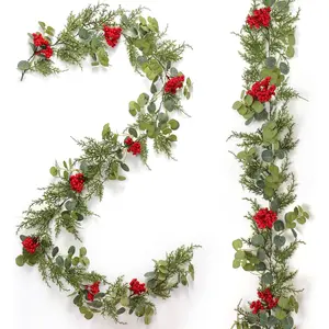 2 pcs 70in Pine Christmas Garland with Red Berries and Eucalyptus Leaves for Holiday Season Mantel Fireplace Table Runner Centerpiece Decor, Decorations Supplies, Dining Table Centerpiece