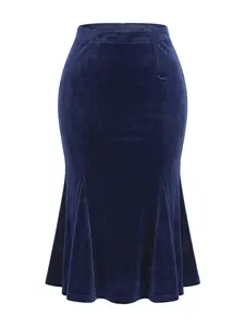 INSPIRE CHIC Vintage Retro Elastic Waist Velvet Fishtail Mermaid Bodycon Skirt Dark Blue
