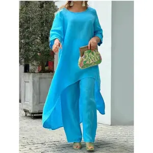 Women's Cotton Linen Long Pants Sets Fashion Solid Casual Irregular Tops Wide Leg Pant Suits Office Lady Two Piece Sets Clothes Trouser Baggy