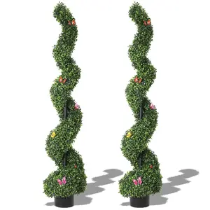 Artificial Boxwood Spiral Topiary Tree Set of 2, Potted Boxwood Topiary Plant with 7 PCS Butterfly Ornaments, Fake Shrubs Tree for Front Door