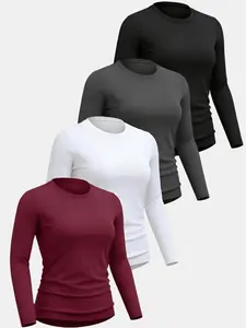 4-Piece Women's Thermal Sports Top Set Slim-Fit Long-Sleeve T-Shirt in Black White Maroon Ideal for Workouts and Layering