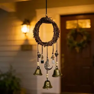 Boho Style Witch Bells Door Hanging – Handmade Brass Wind Chimes for Home Protection, Energy Cleansing Positive Vibe Spiritual Decor