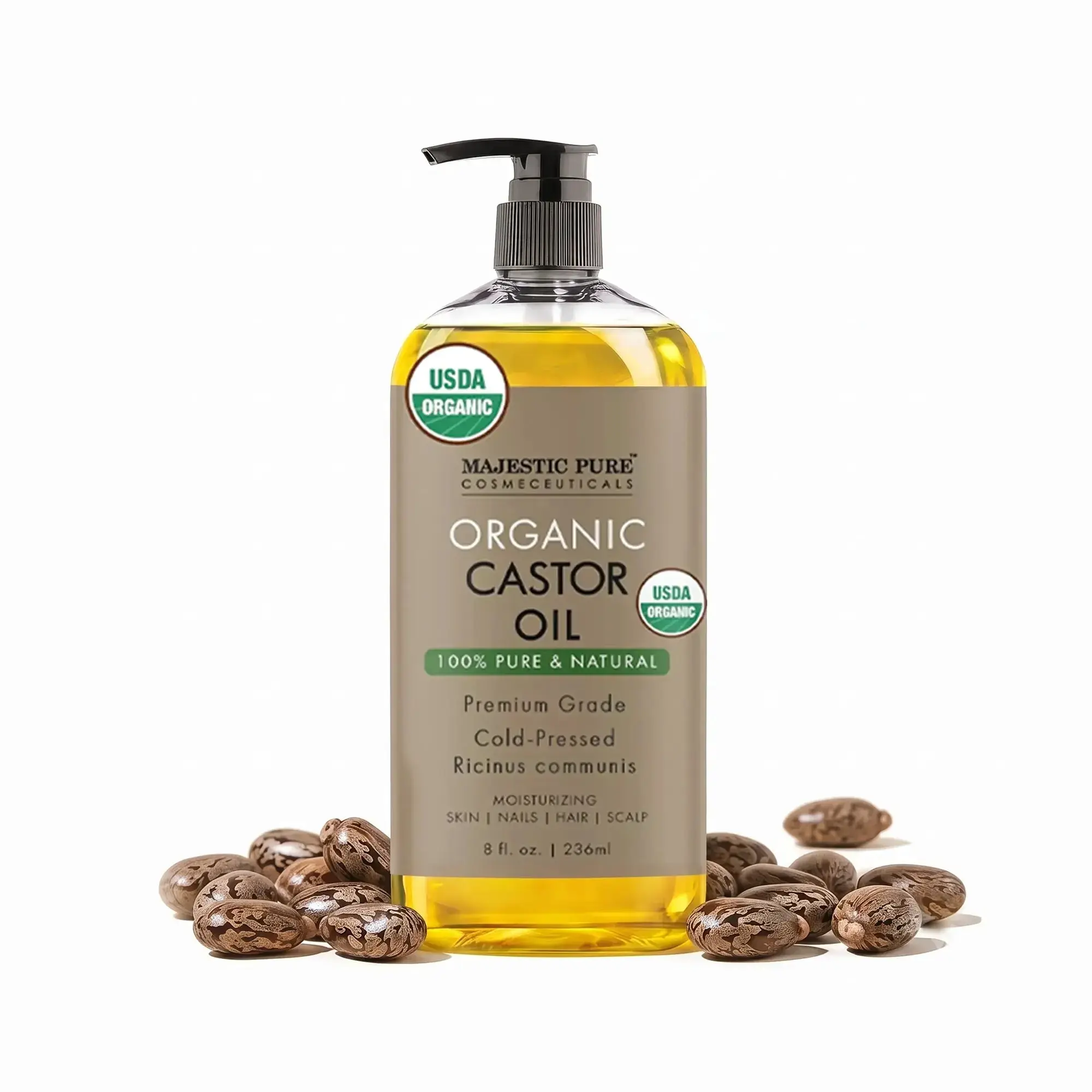 USDA Organic Castor Oil, Cold-Pressed & Hexane-Free, for Hair Growth, Lymphatic Drainage, Moisturizing for Skin & Nails, Pure Unrefined Massage Oil 8 fl oz, Moisturizer, Haircare, Body Care