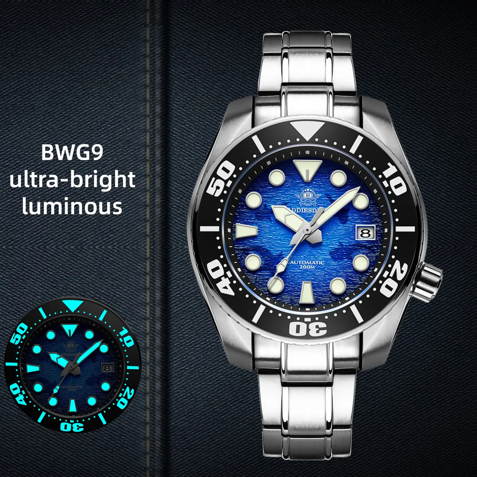 ADDIESDIVE Automatic Mechanical Watches for Men Diver Watch - 44.5mm Sapphire Blue Dial 200m Waterproof Super Luminous Ceramic Bezel Analog Watch Stainless Steel Watch