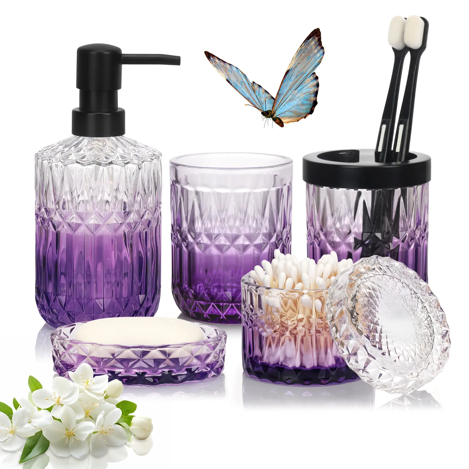 Bathroom Accessories Set, 5Pcs Bathroom Soap Dispenser Set, Glass Bathroom Accessories with Glass Soap Dispenser, Soap Dish, Toothbrush Holder, Tumbler, Cotton Swab Jar (Clear & Purple)