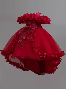 Girls Princess Sleeveless Party Dress - Cloud Sweetheart Neckline High-Low Hem Floral Embroidery with Pearl Decor, Puffy Tulle Flower Girl Gown for Wedding Birthday Party, Summer Cute Layered Tutu Skirt Kids Formal Dress