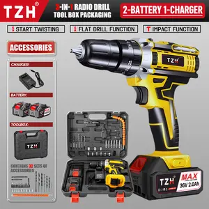 TZH Cordless Drill Tool Set 36V Electric Power Drill with 2.0Ah Lithium-ion Battery Charger USB Type-C Rechargeable Portable All-in-One DIY Home Toolbox Kit