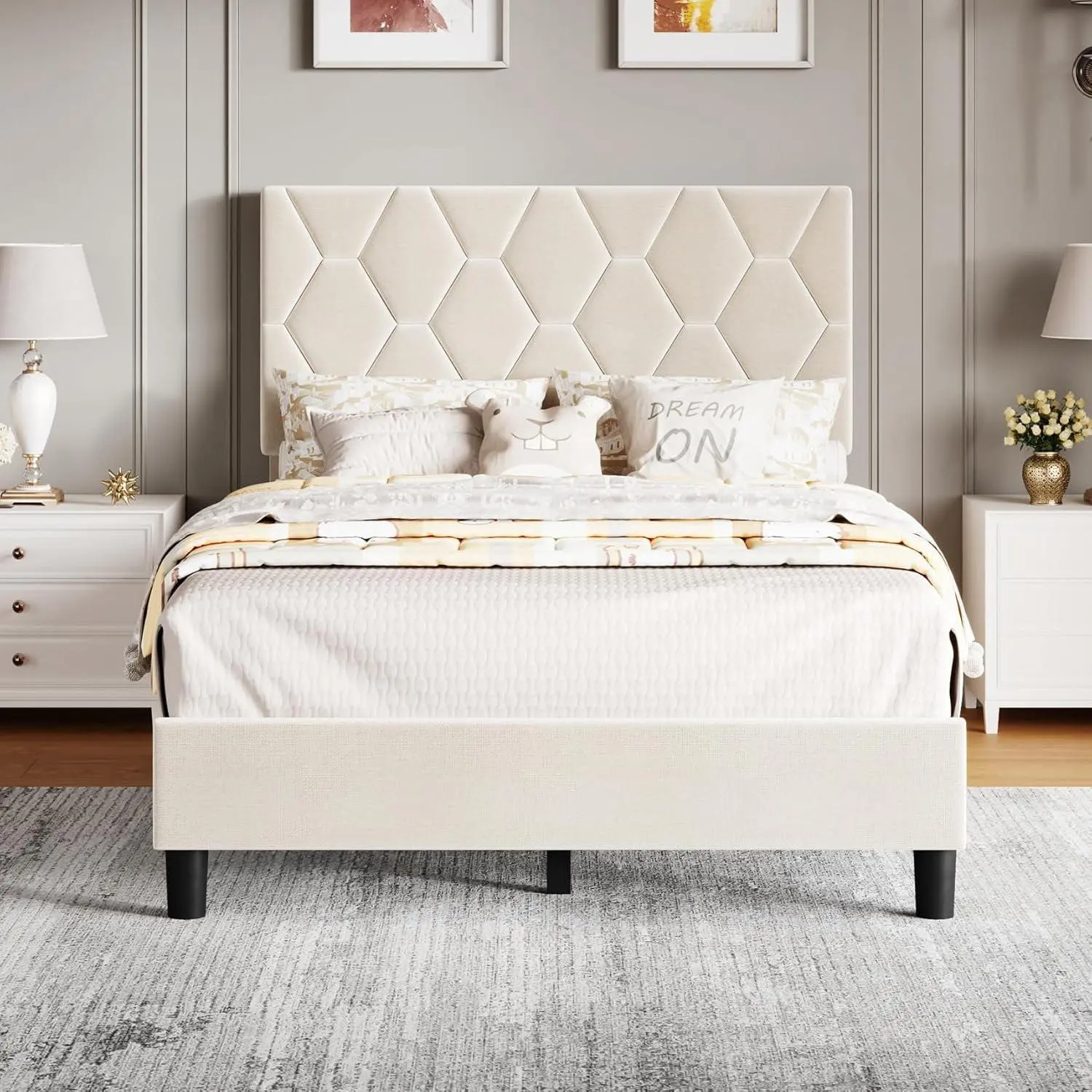 Twin Platform Bed Frame Heavy-Duty Platform Bed Frame with Upholstered Headboard and Wooden Slats Support No Box Spring Needed Upholstered Mattress Foundation Easy Assembly Noise Free Beige