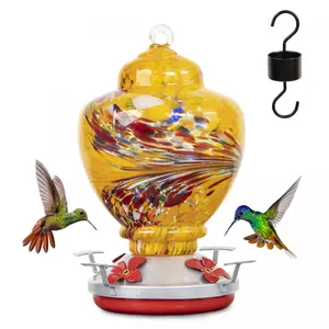 ennvaofficial Outdoor Garden Large Hummingbird Feeder, 32-ounce Colorful Hand-Blown Glass Hummingbird Feeder, Equipped with Anti-Ant Protective Cover, Hanging Hook, Rope, Brush, and Service Card (Yellow)