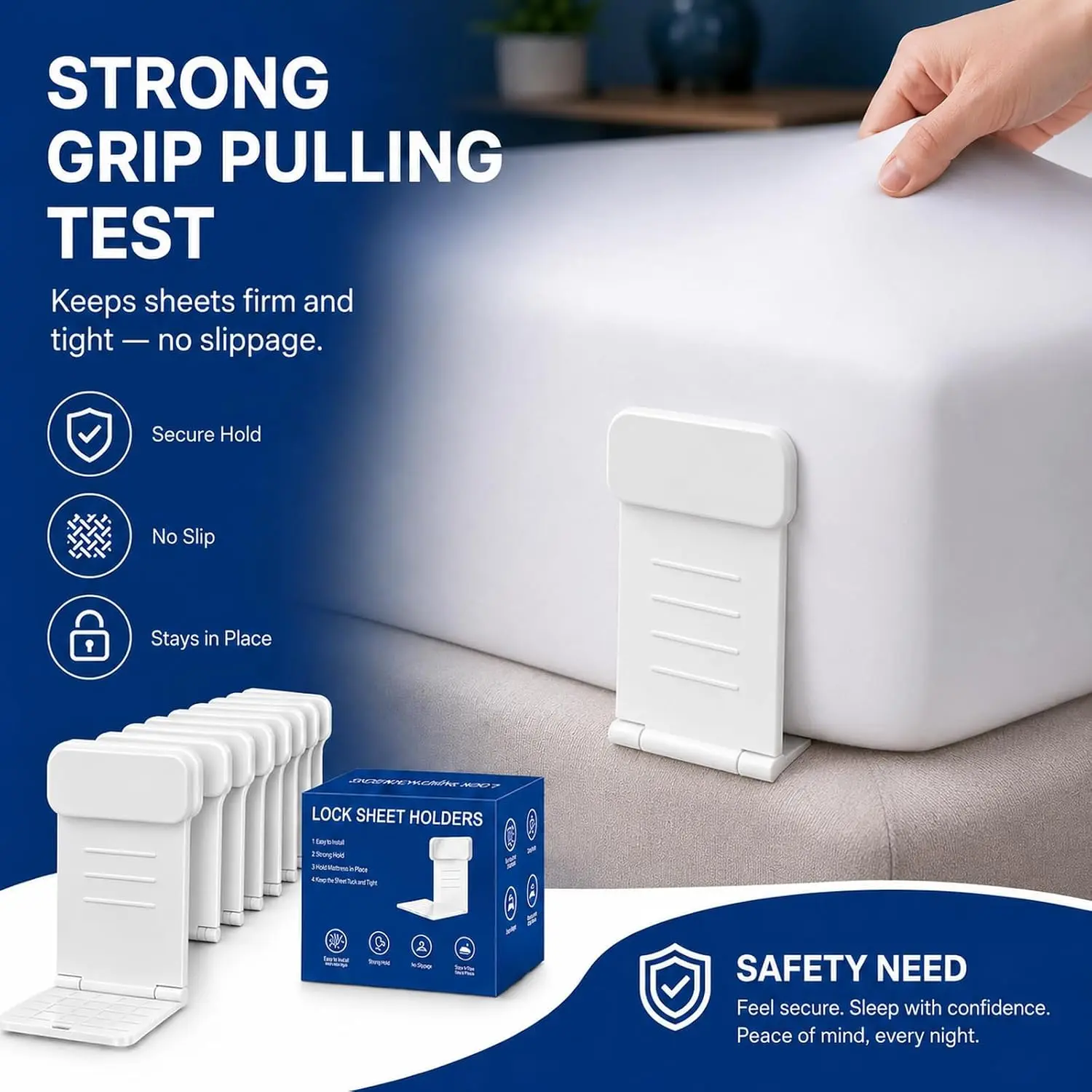 8-Pack Bed Sheet Holders, No-Metal Locking Corner Grippers | 8 corner holders with snap locks and non-slip pads help keep fitted sheets in place on queen, king and deep mattresses.