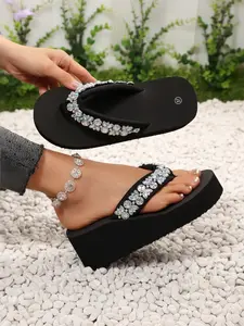 Summer Fairy Rhinestone Flower Sandals, Thick Sole Heightening Non-Slip Slippers, Beach Vacation Sandals, Women's Casual Shoes