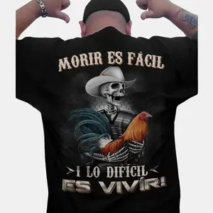 Menswear Short-Sleeve Round Neck Cotton Top, Classic Loose Casual T-Shirt with Mexican Style "Moris Es Facil" Rooster Gamefowl Print, Ideal Father's Day Gift for Dad,summervibes