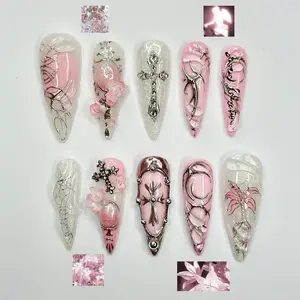 3D Pink Gothic Cyber Press-On Nails, Silver Chrome Cross Decor, Ethereal Grunge Liquid Metal Design, Y2K Punk Butterfly Accents