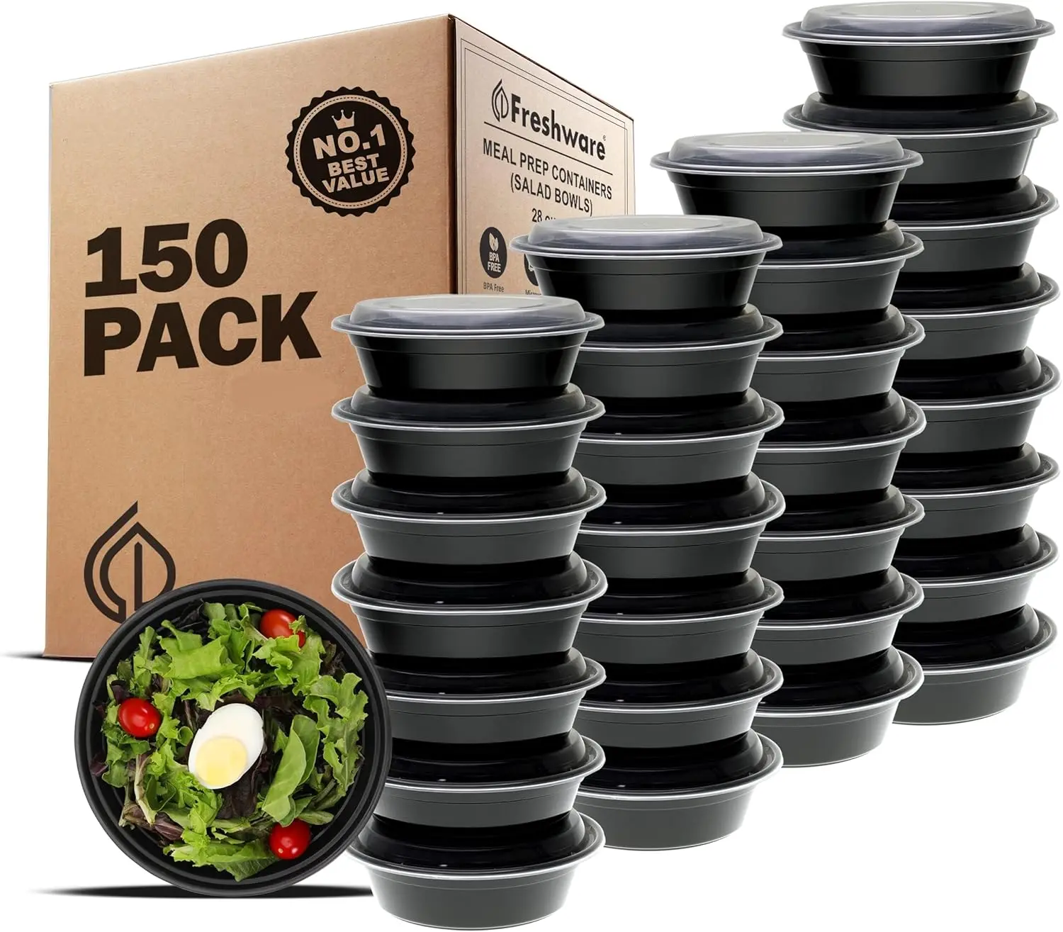 FRESHWARE 28oz Single Compartment Polypropylene Food Storage Containers (150 Pack) - BPA-Free, Resealable, Hygienic, Portion-Controlled Stackable Bowls with Lids for Gym, Work Meal Prep, Protein Meal Prep Ideas, Microwave/Dishwasher/Freezer-Safe