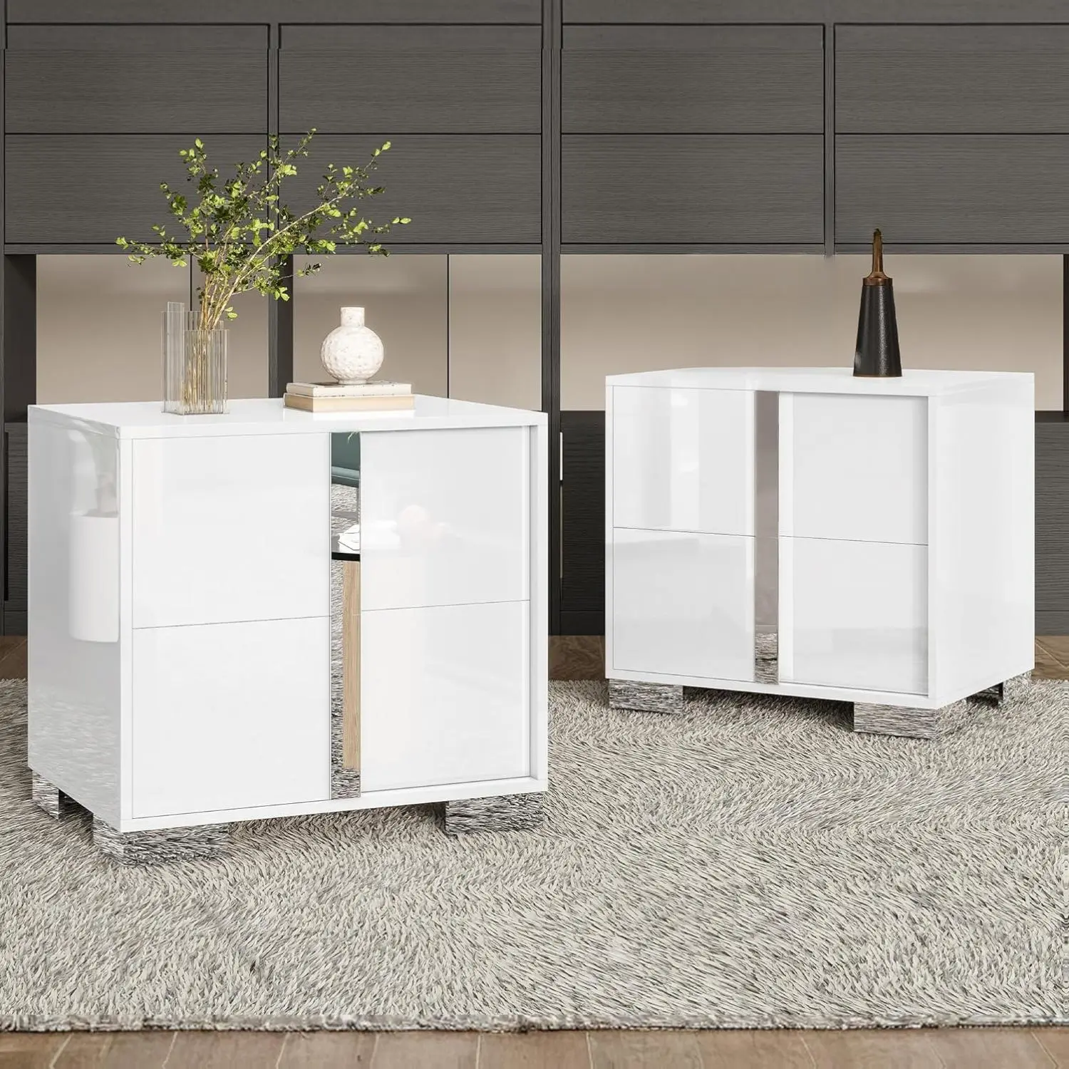 AMERLIFE Modern Nightstand, 23.6" End Table with Drawers, High Gloss UV Finish Bedside Table with Electroplated Pull Handle, Space-Saving, Contemporary Table for Bedroom, Living Room, Dressing Room[tiktokshopbacktoschool][SohoChic]