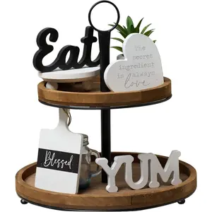 Farmhouse Kitchen Tiered Tray Decor Items Mini Set, Rustic Black and White Kitchen Counter Decor, Two Tiered Tray Kitchen Decor Set for  Kitchen Dining Room Table Decoration