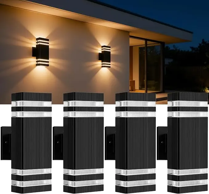 Black Square LED Outdoor Wall Lights (2/4-Pack) - 120V Input, Up-And-Down Illumination, Durable Waterproof Easy-Install Non-Solar Fixtures, Suitable For Courtyard, Porch (Bulbs Not Included)