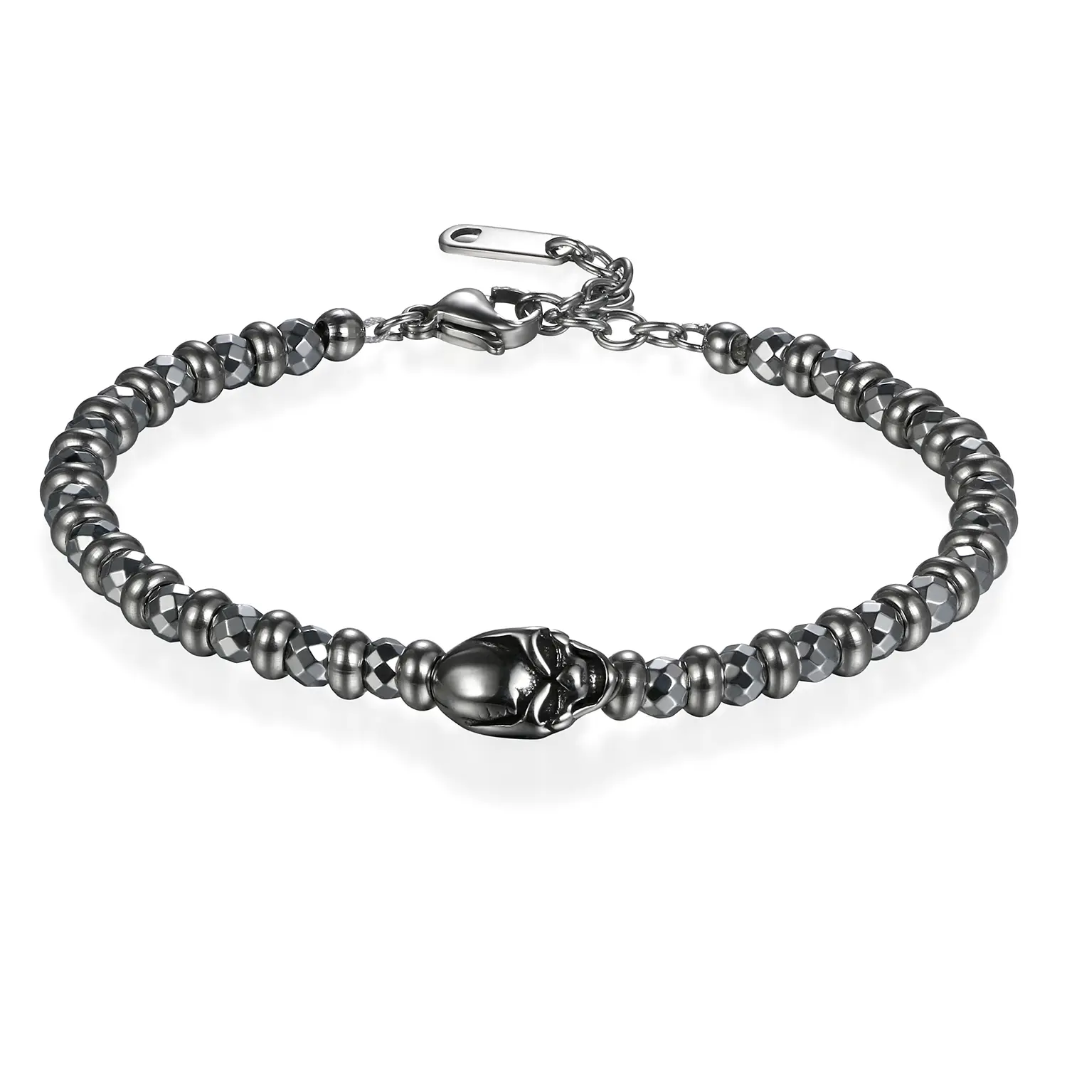 OIDEA Gothic Skull Beaded Bracelet with Black Onyx Stone & Stainless Steel Charm, Unisex Rockstar Style Fashion Jewelry, Adjustable, Gothic Style, Rockstar Theme Bracelets & Bangles, 0.19 Inches Width, 6.69" Inner Circumference, Bold Style