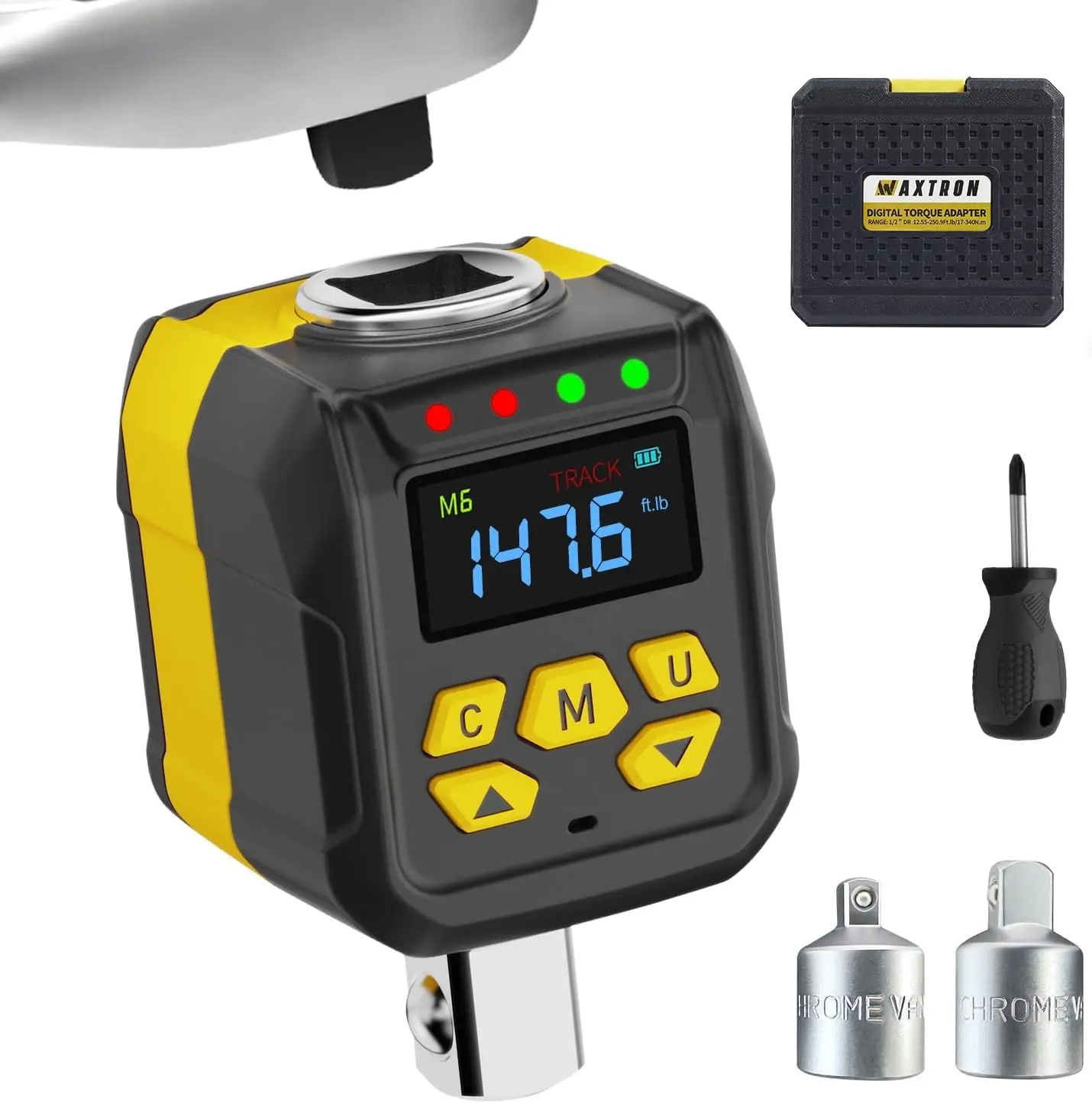 1/2" Digital Torque Adapter Set with Socket Adapter (1/4", 3/8") | 7.5-147.5 ft-lb, ±2% Accuracy, Color Display, Buzzer & LED Indicator, Works with Ratchet and Breaker Bar