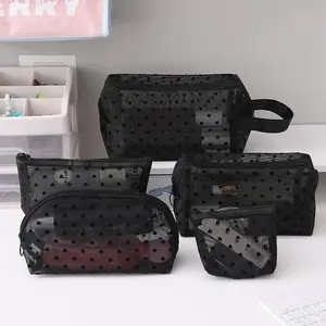 5 Pieces Mesh Makeup Bag Set, Heart Printed Cosmetic Toiletry Makeup Purse Bag with Zipper, Portable Mesh Storage Organizer Pouches for Home Office Travel (Black/Pink/Beige) tiktokshopspringglowup