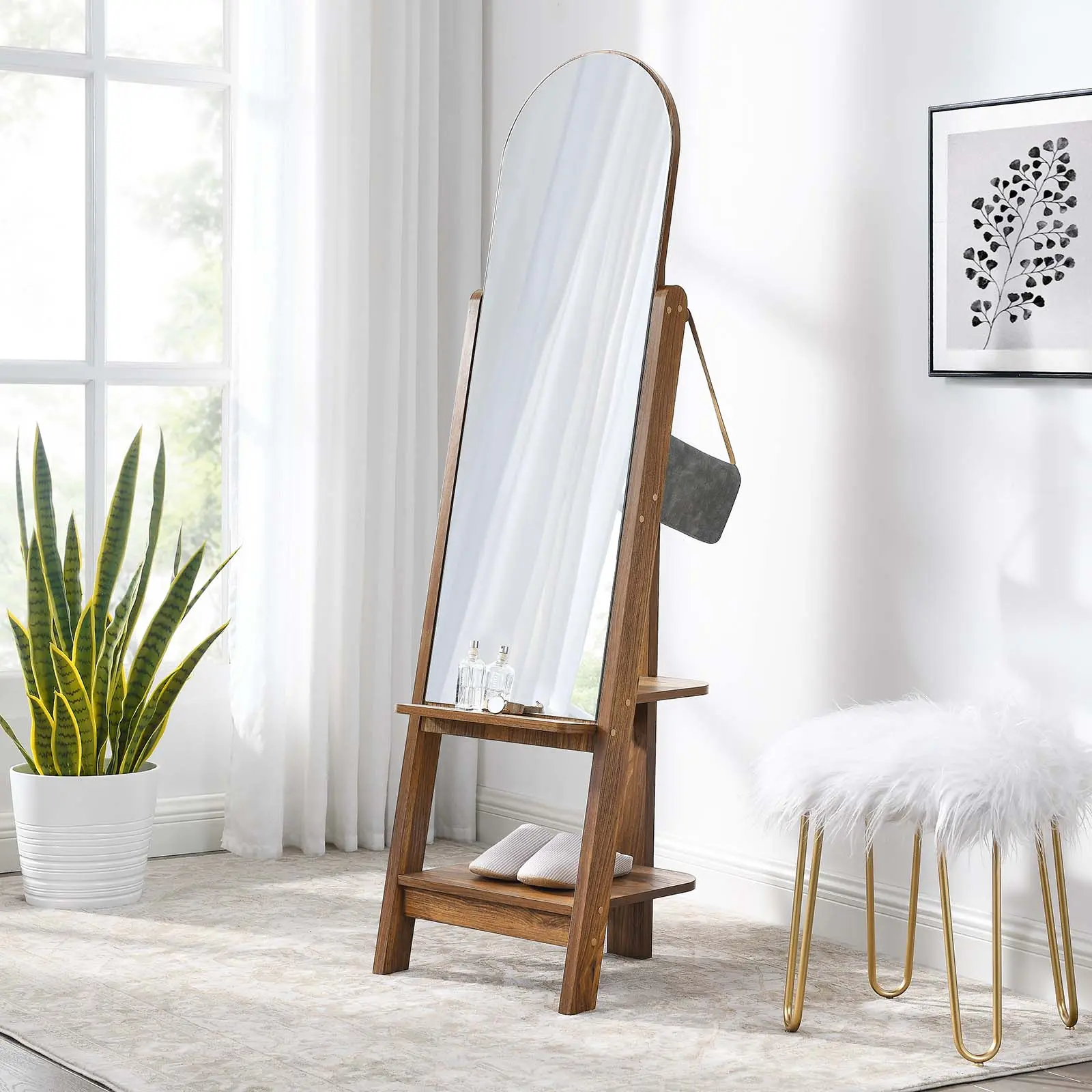 Modway Ascend Standing Curved Glass Mirror with Walnut Wood Finish, Hanging & Space-Saving Shelf Compatible, for Living Room & Entryway Room Decor, Outfit Check Home Accessory