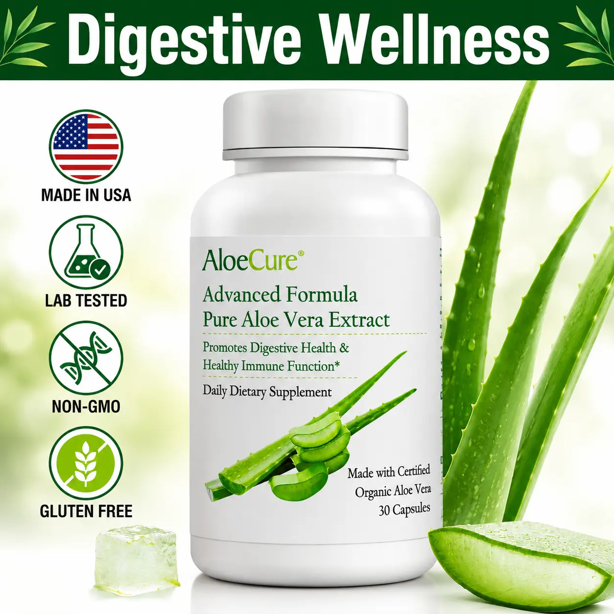 AloeCure Aloe Vera Capsules, 30 Capsules Organic Aloe Vera, 160,000mg Aloe Vera Equivalent Support Gut Health & Digestive Comfort, Natural Stomach Acid Buffer & Immune Supplement, Aloin Free