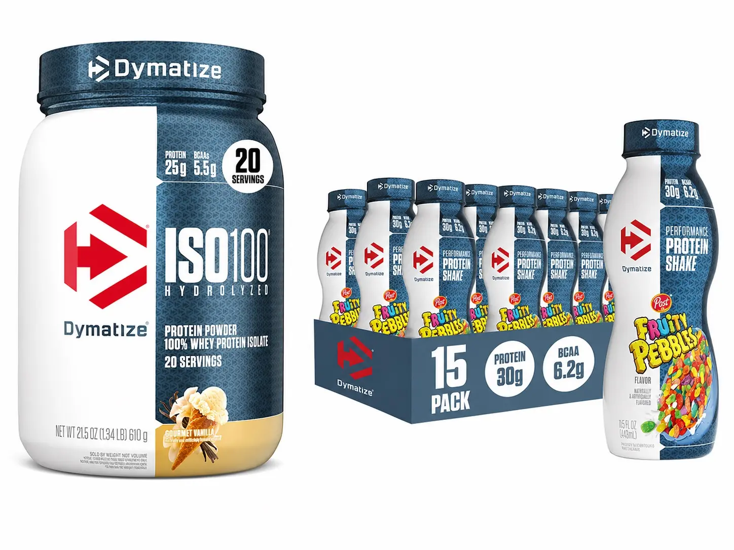 Dymatize ISO100 Whey Protein Isolate + Fruity Pebbles Protein Shake 15 Pack Bundle – 25g Protein Powder + 30g Ready-to-Drink Bottles