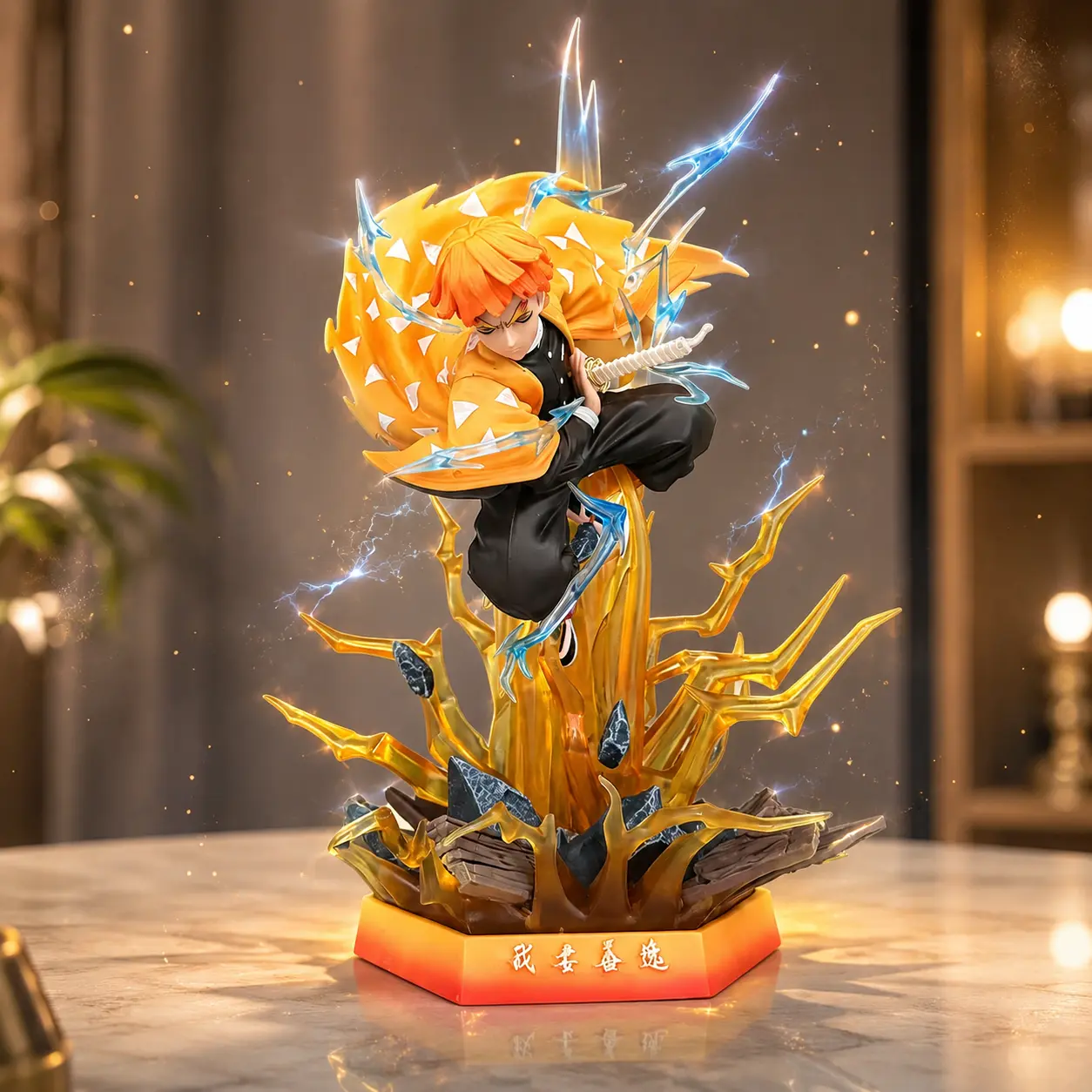Demon Slayer Zenitsu Agatsuma + Thunder Breathing + Anime Figure + PVC Collectible Statue + Lightning Effects + Light-Up Display Decor