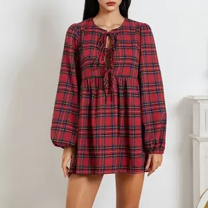 TikTokShopBlackFriday Women's Red Plaid Tie Strap Tunic Dress Cotton Blend Long Sleeve Ruffle Hem Casual Swing Babydoll Mini Dress